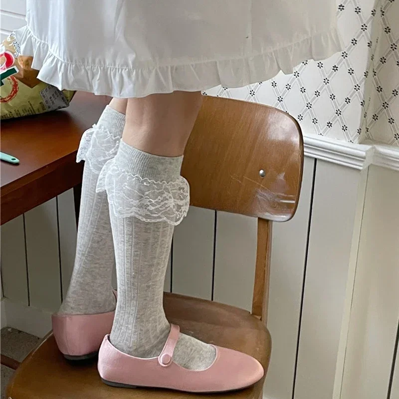 Chaussettes longues en coton pour filles douces, chaussettes à volants en dentelle Lolita, bas de style japonais JK, bas de garniture, document solide