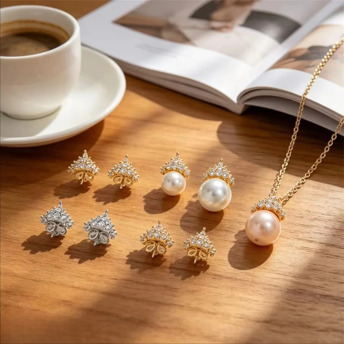 Brass 14K Gold Plated Ice Crystal Crown CZ Charms Stud Earring Findings DIY Bracelet Necklace Jewelry Making Supplies