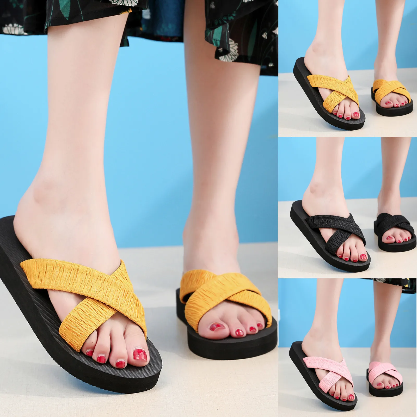 Black Women Beach Slip Solid Color Open Toe Non Slip Breathable Slippers Shoes Bathroom Ultra Light Letter Shoe Soft Sandals