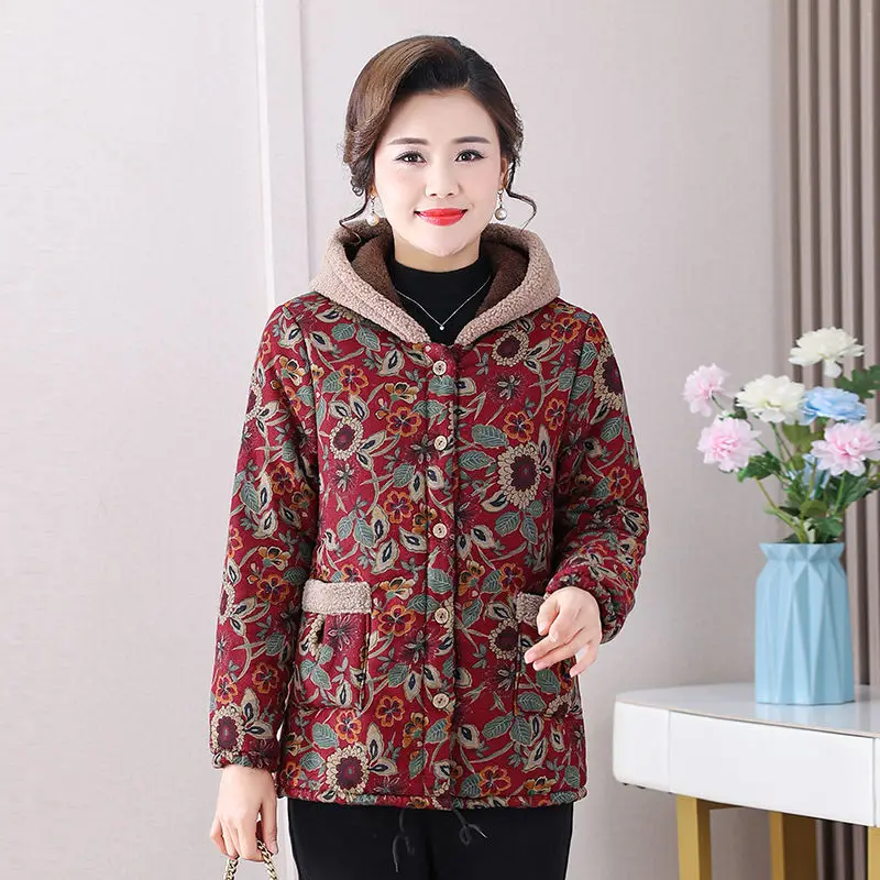 Middle-aged And Elderly Mothers Winter Fashion Fleece Cotton-Padded  2024 New Loose Warm Hooded Printed Casual Coat Women