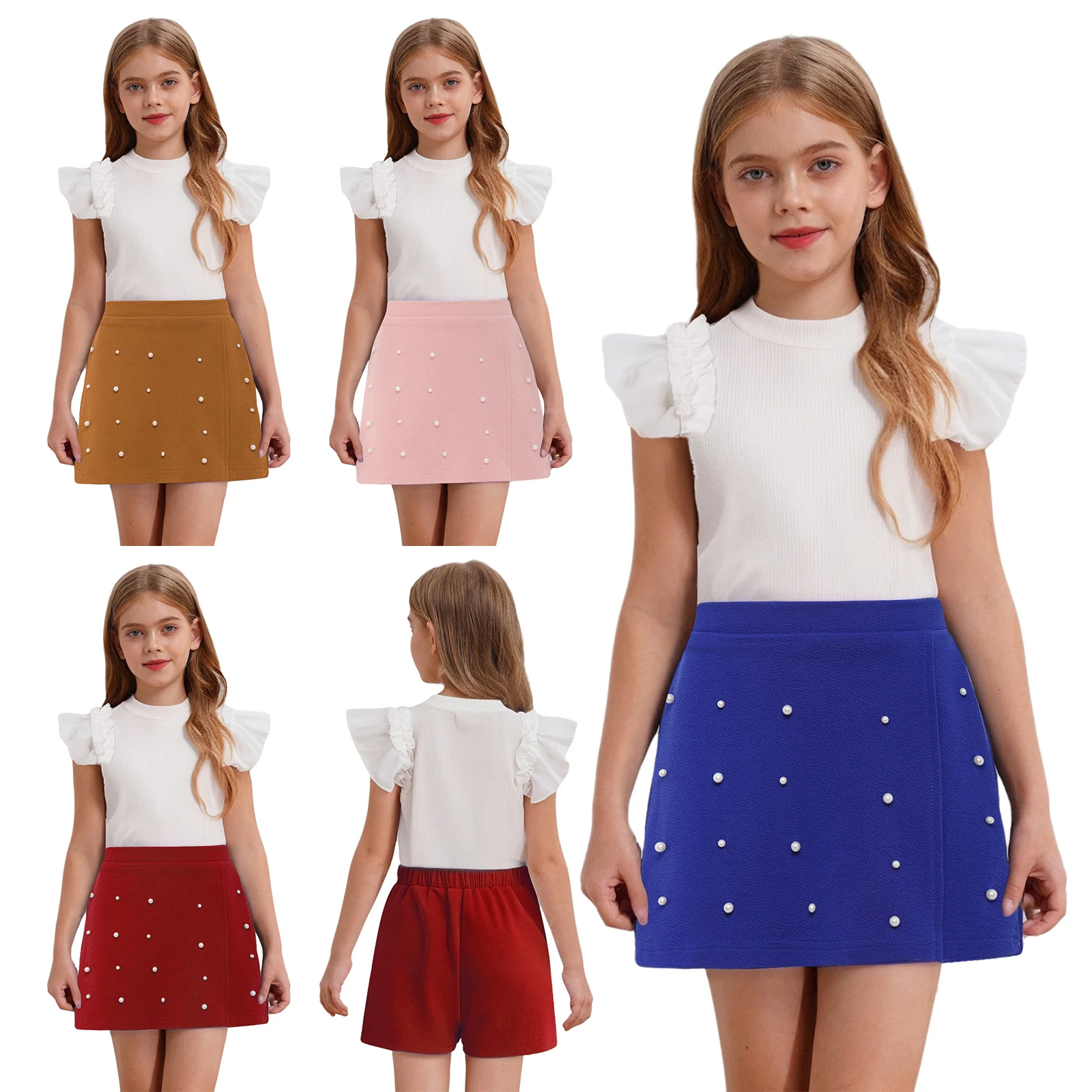 

Kids Girls Clothes Summer Outfits Ruffle Sleeves Ribbed T-Shirt Top with Culotte Skirt Set for Wedding Birthday Party Banquet