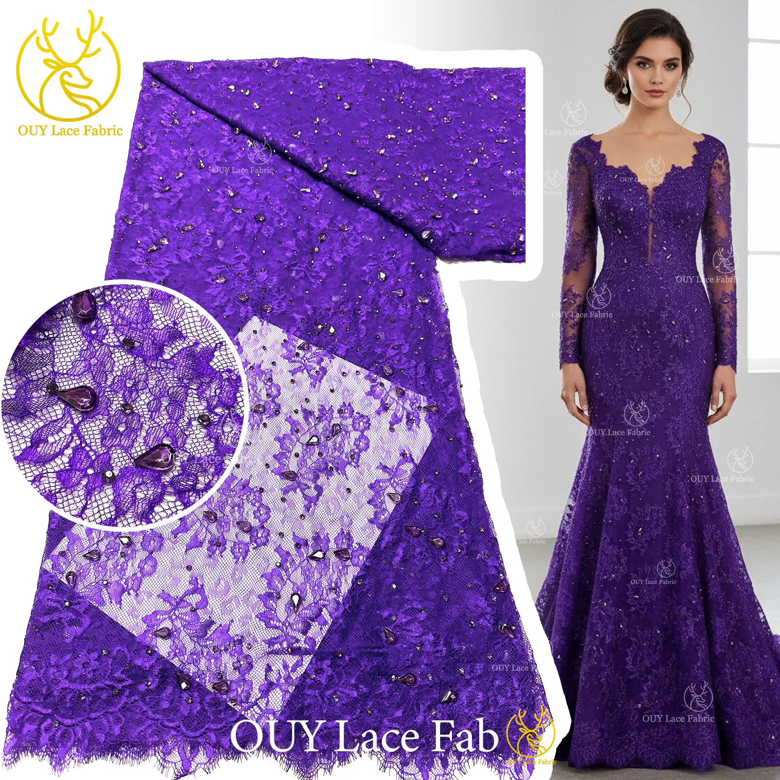 2026 Hot Sale Purple African French Tulle Lace Fabric Stones Embroidery Elegant Nigerian Bridal For Wedding Party Dress 3 Meters