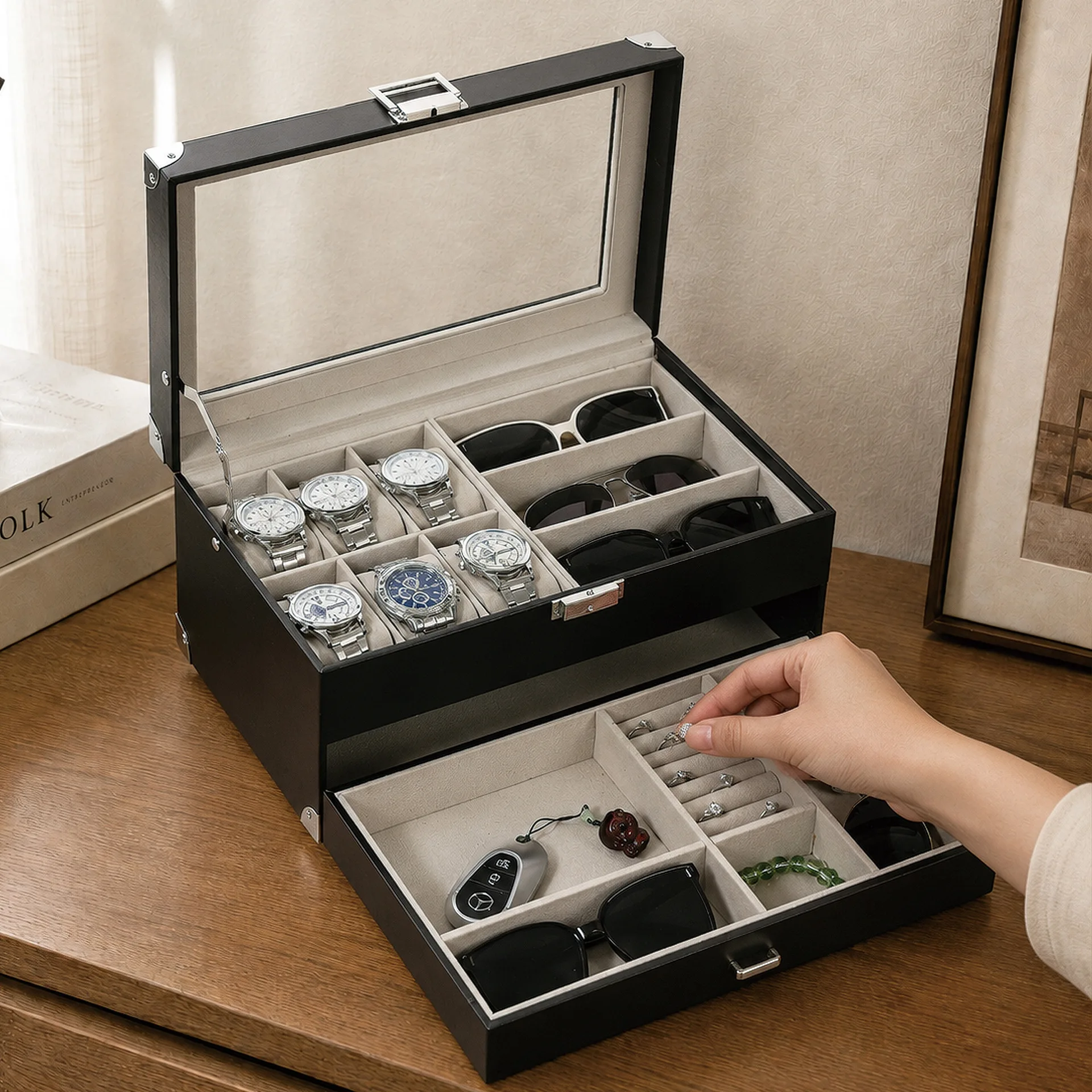 New Multifunctional Watch Box PU Leather 2‑Layer with Metal Corner Guards Sunglasses Jewelry Storage Case for Rings Earrings