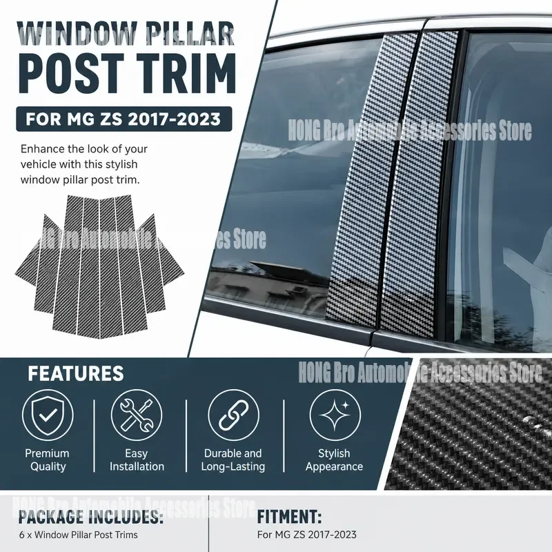 For MG ZS 2017-2023 Glossy Black Carbon Fiber B C Pillar Post Cover Trim Sticker Window Door Frame Decoration Accessories