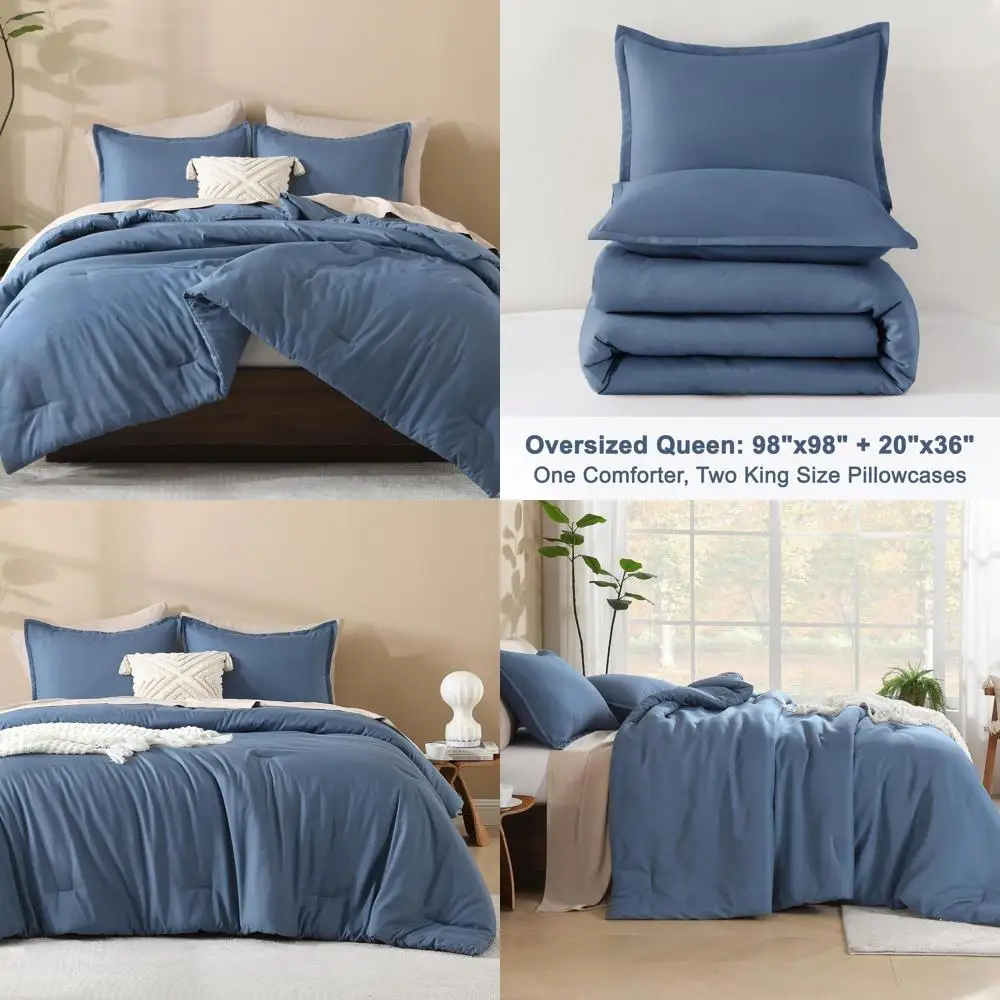 

Queen Size Oversized Comforter Set, 3-Piece Lightweight Solid Bedding, All-Season Fluffy Bed Set with 98x98 Comforter and 2 Pill
