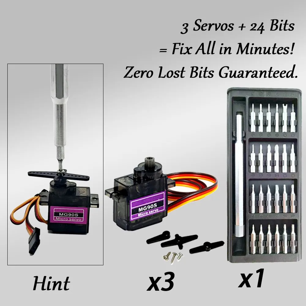 

MG90S Servo 3-Pack & 24-in-1 All-in-One Repair Kit for RC Drone Car Robot, 1.8kg·cm/0.09s, Aluminum Handle with Sliding Case