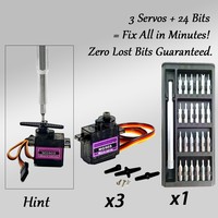 MG90S Servo 3-Pack & 24-in-1 All-in-One Repair Kit for RC Drone Car Robot, 1.8kg·cm/0.09s, Aluminum Handle with Sliding Case