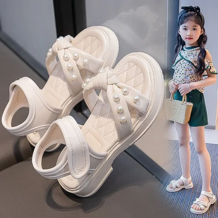 Little Girls Sandals 2025 Summer New Princess Shoes with Pearl for Party Wedding Kids Anti Slip Knot Beach Shoes for Vacation