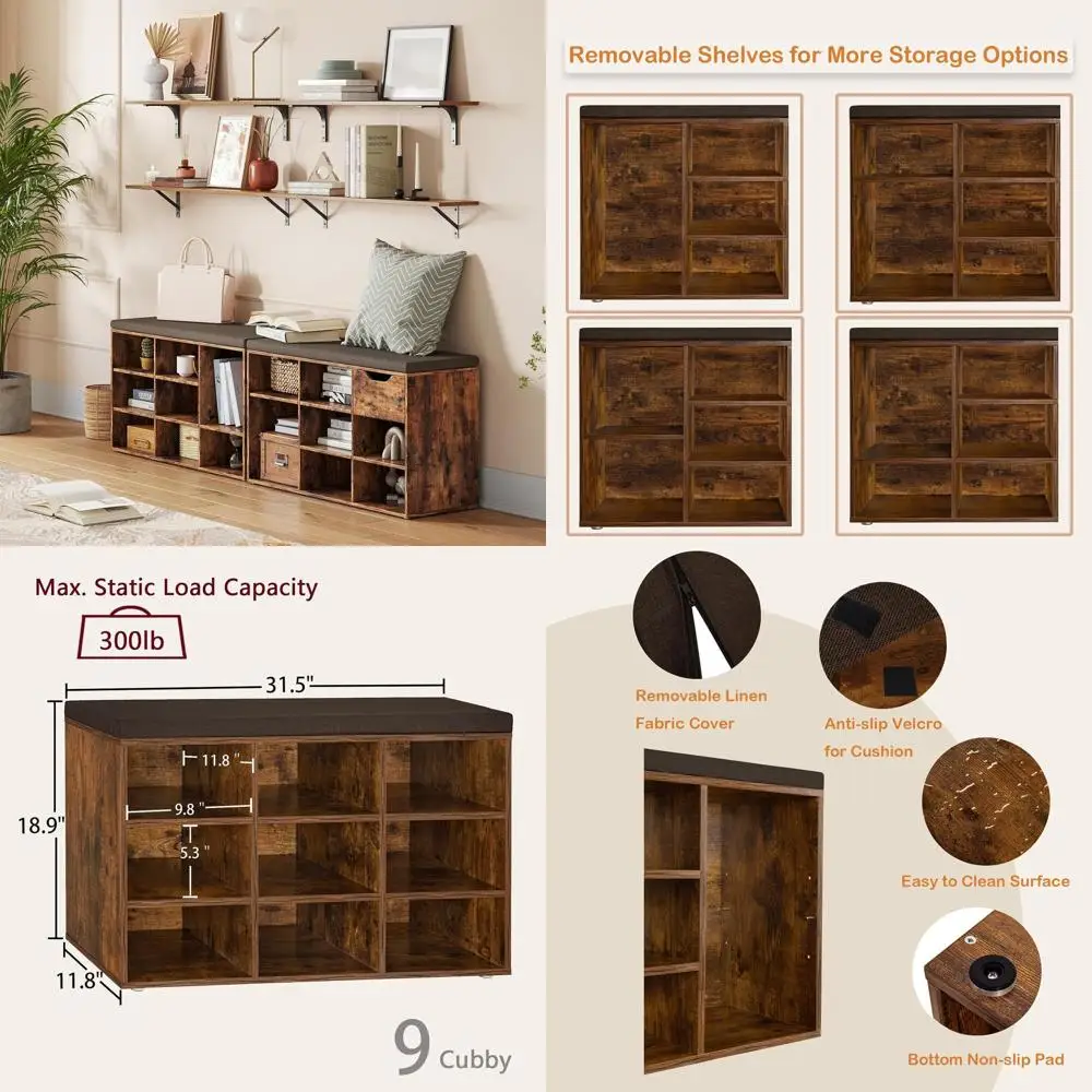 

Multifunctional Shoe Storage Bench with Cushion, 9-Cubby Rack, Adjustable Shelves for Entryway, Mudroom, Hallway, Closet, Garage