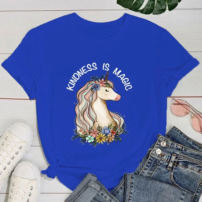 Premium T-shirt Women Fashion T Shirt Funny Unicorn Kindness Is Magic Letter Print T Shirt Unicorn Kindness Is Magic Graphic T