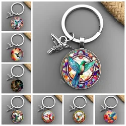 Colorful hummingbird patterned circular keychain cute bird glass keychain exquisite car keychain gift for friends