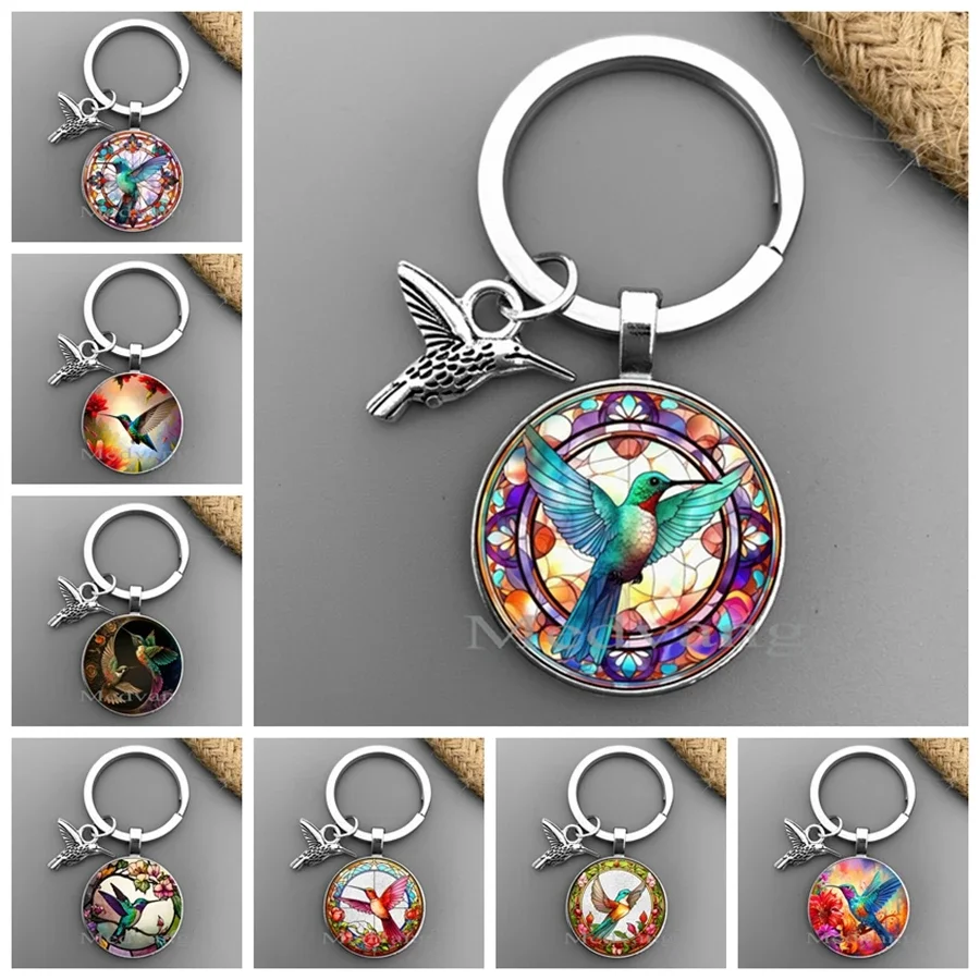 Colorful hummingbird patterned circular keychain  cute bird glass keychain exquisite car keychain gift for friends