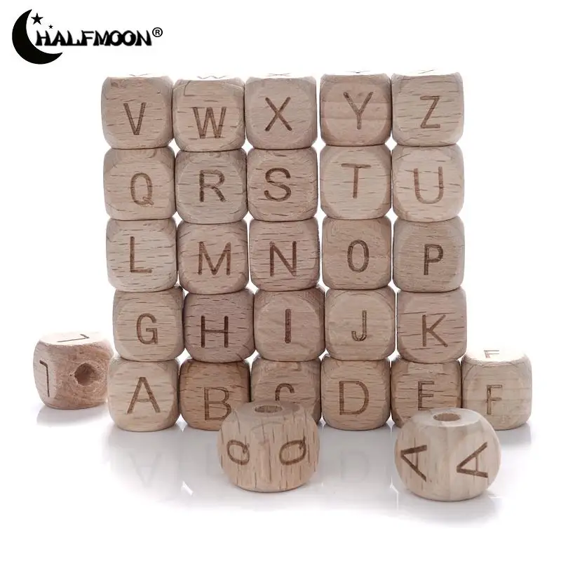 50Pcs 12mm Square Wooden Alphabet Beads English A-Z Personalized Name Letter Beads for Baby Nursing Pacifier Chain Accessoies