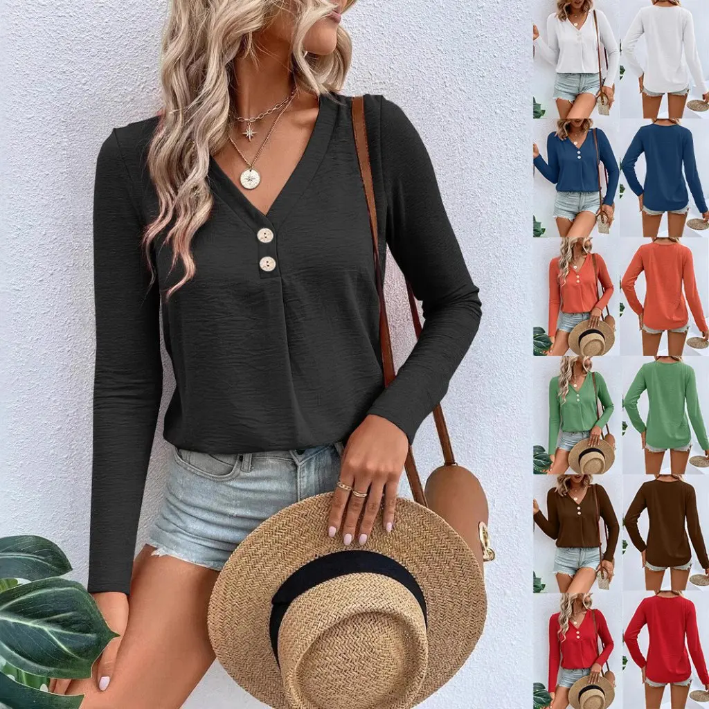 

Women's Fashion Long-Sleeved Twist Button T-Shirt Top Spring Fall European American Style Export for