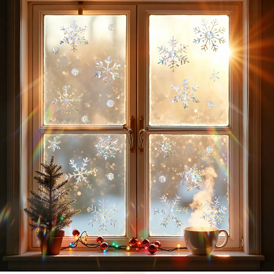 1pc Christmas Snowflake Static Cling Window Sticker Strip Blinking Effect For Home Baby Room Office PVC Home Decoration