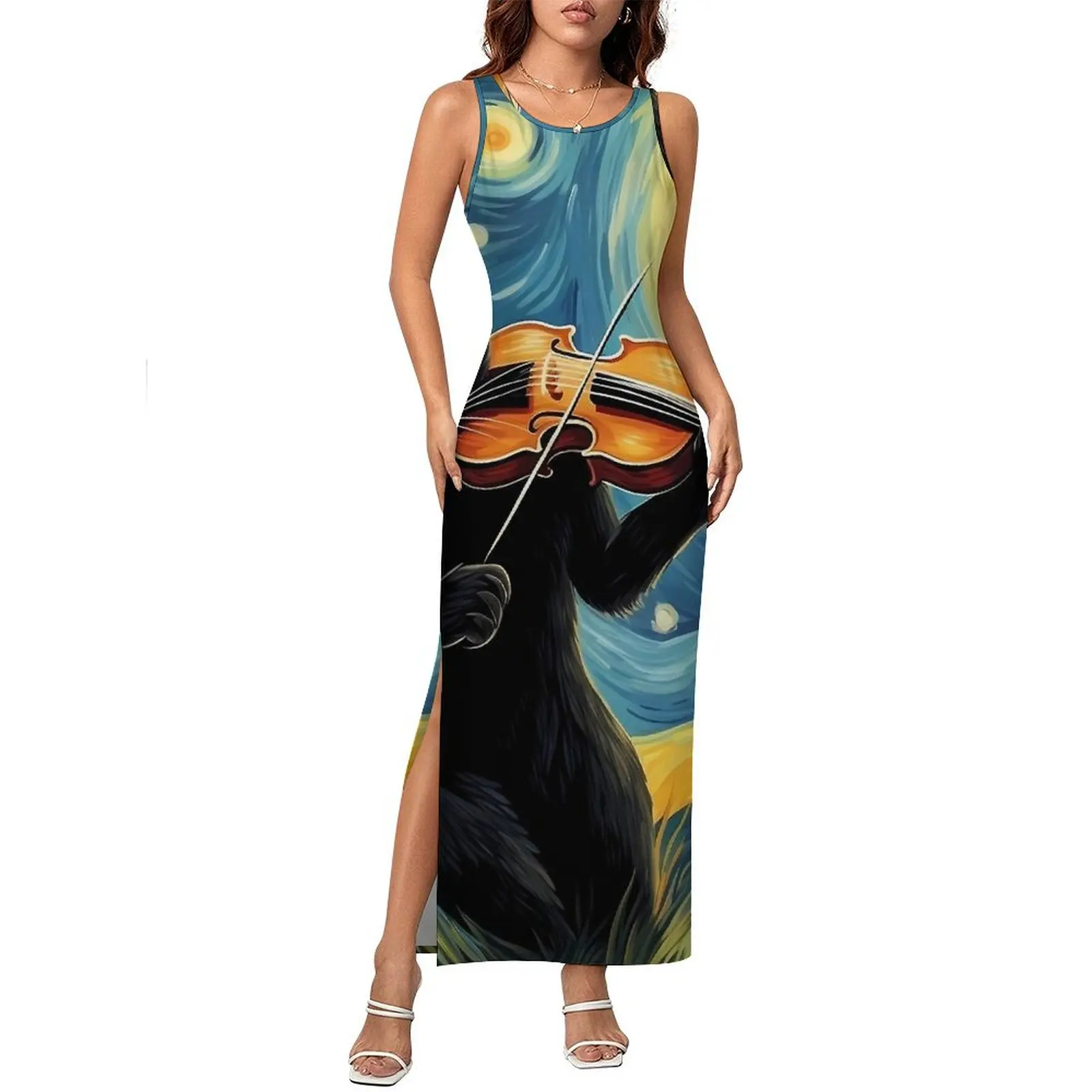 Women Bodycon Dress Vintage Van Gogh Starry Night Maxi Dresses Holiday Black Cat Playing Violin Custom Dress Large Size 3XL 4XL