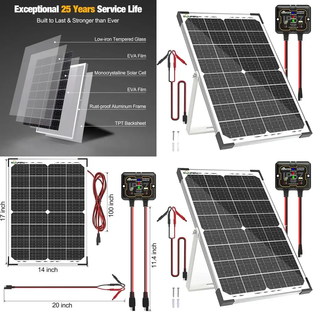 

30W Solar Battery Maintainer with 10A MPPT Controller and Adjustable Bracket for Car, RV, Boat, Motorcycle - 12V Waterproof Tric