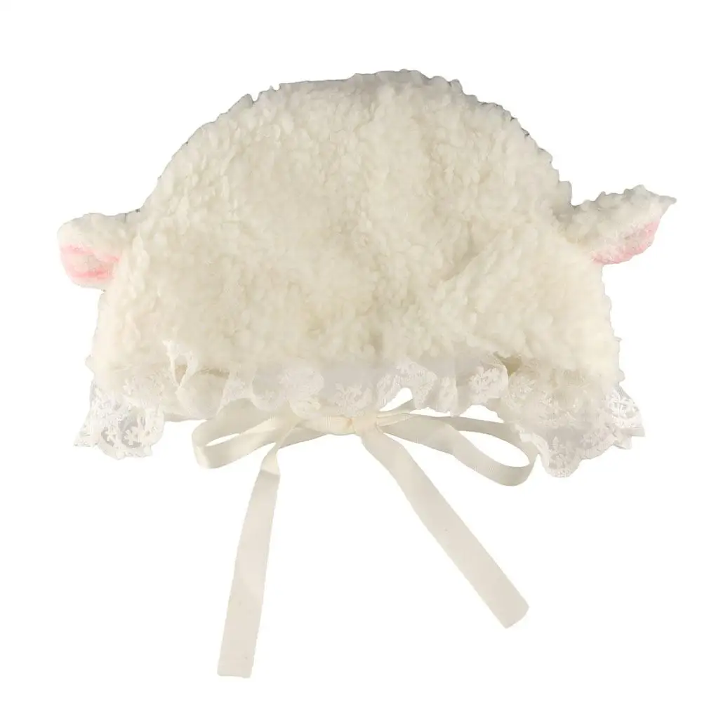 

Brimless Beanie Cap Straps Sheep Ear Plush Hat Y2K Soft Lolita Lace Hat Elastic Japanese Style Ear Protection Cap Autumn