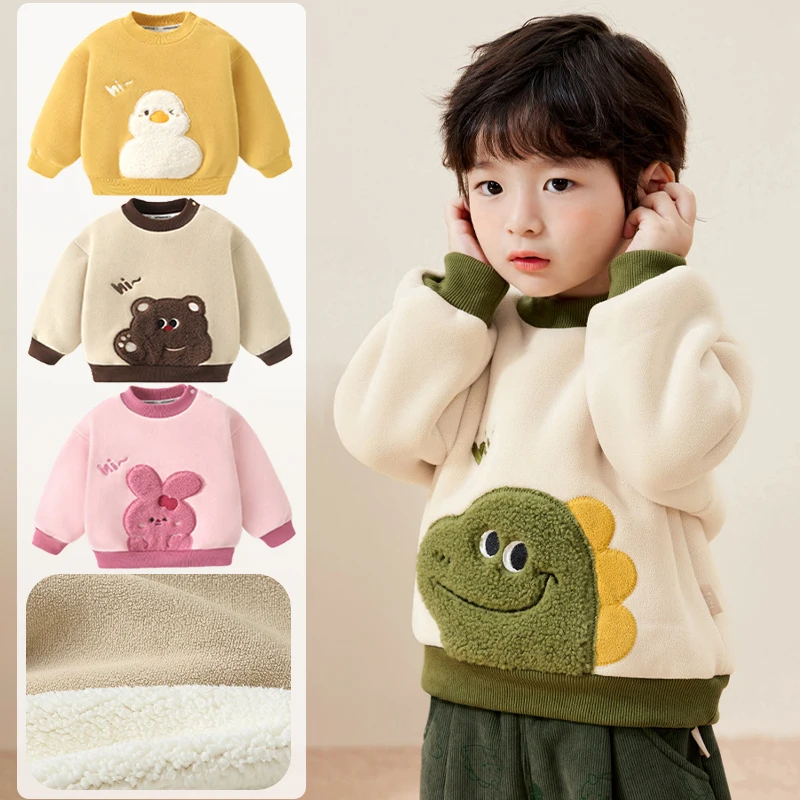 Kids Autumn Winter Fleece Warm Sweatshirt 1-5 Years Grils Cartoon Pattern Long Sleeve Top Boys Casual Thicken Pullover