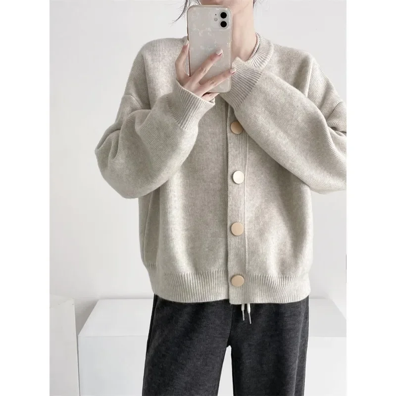 

Women Chic Big Button Single Breasted Knit Sweater Autumn Winter Solid Colors O-neck Cardigans New Loose Casual Knitted Shirts