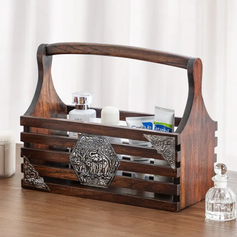 Vintage Wood Portable Organizer Box Fruit Holder Chinese Style Makeup Stand Durable Decor Artistic Cosmetic Tray Traditional 