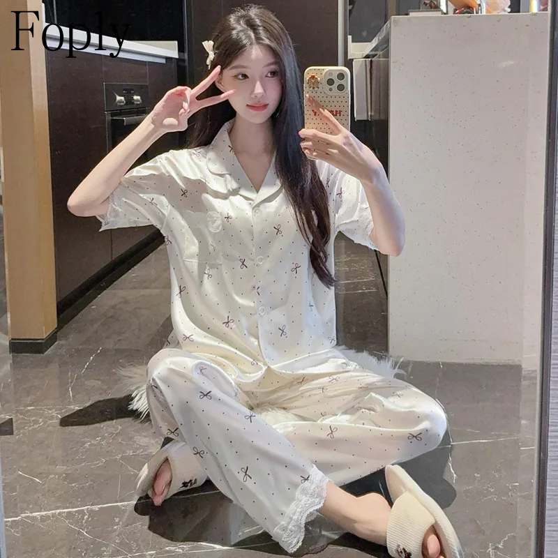 Korean Style Print Women Pajamas Set Ice Silk Summer 2 Piece Pyjama Satin Silk Sleepwear Shortsleeve Pants Pijama Pjs Loungewear
