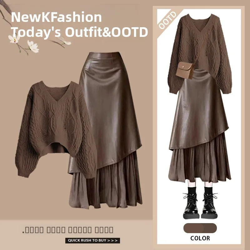 

Winter Knitted Sweater And Skirt Set for Women New Year Slimming Waist Design Two Piece Fashionable Ensemble Long Sleeve Crew...