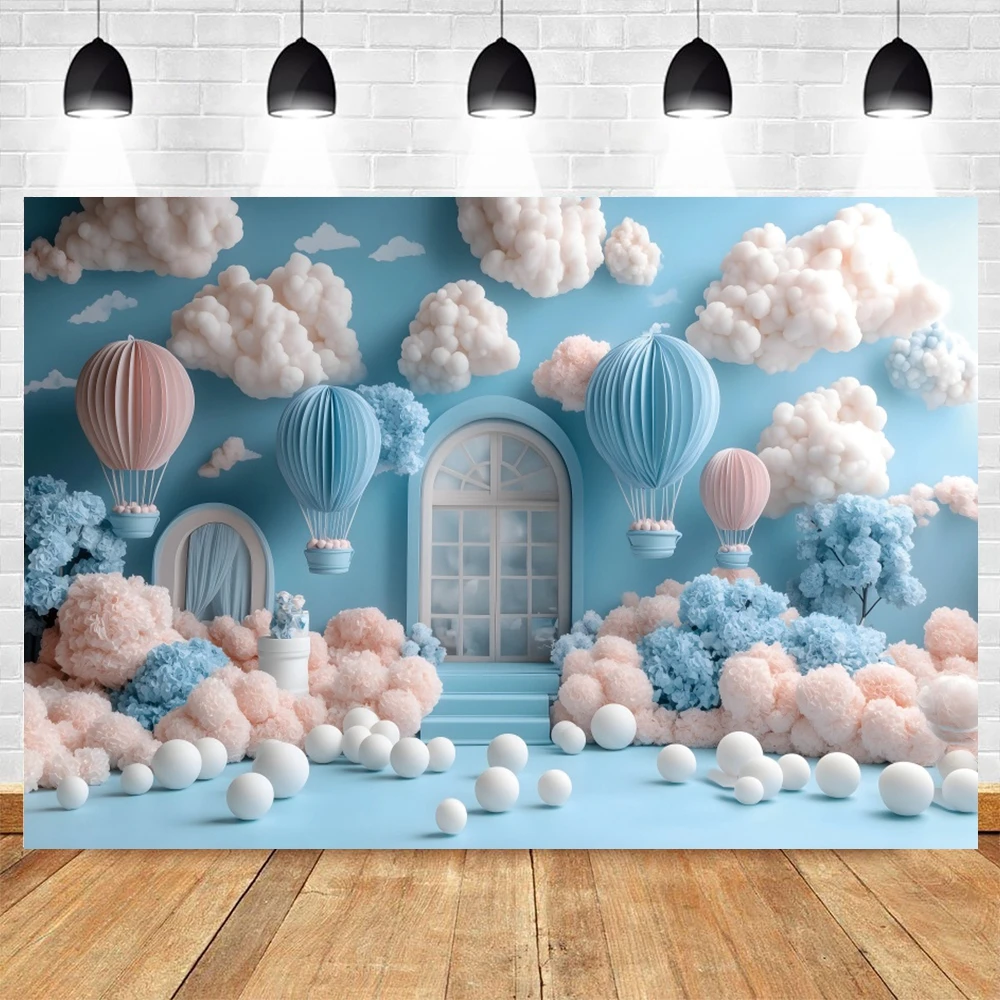 Fondo de 1er cumpleaños para recién nacido, globos, pared azul, nubes blancas, cielo, Luna, estrellas, retrato de Baby Shower, decoración de fondo para fotografía