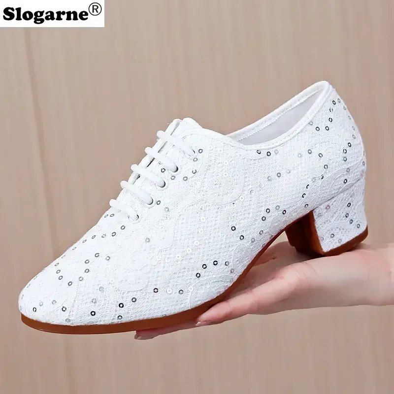 Modern Jazz Shoes Women Soft Sole Outdoor Dance Shoes Lace 3.5CM Heels GYM Yoga Mesh Trainning Fitness Shoes Girl Dance Sneakers