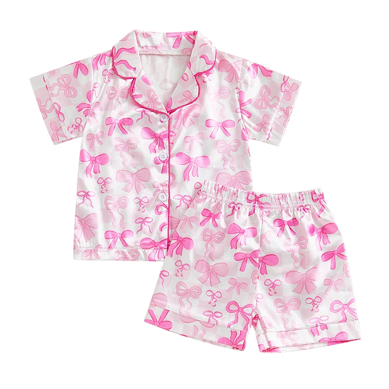 

Toddler Girl Summer Satin Pajamas Set Bow Bear Print Short Sleeve Lapel Button Down Tops with Shorts Sleepwear