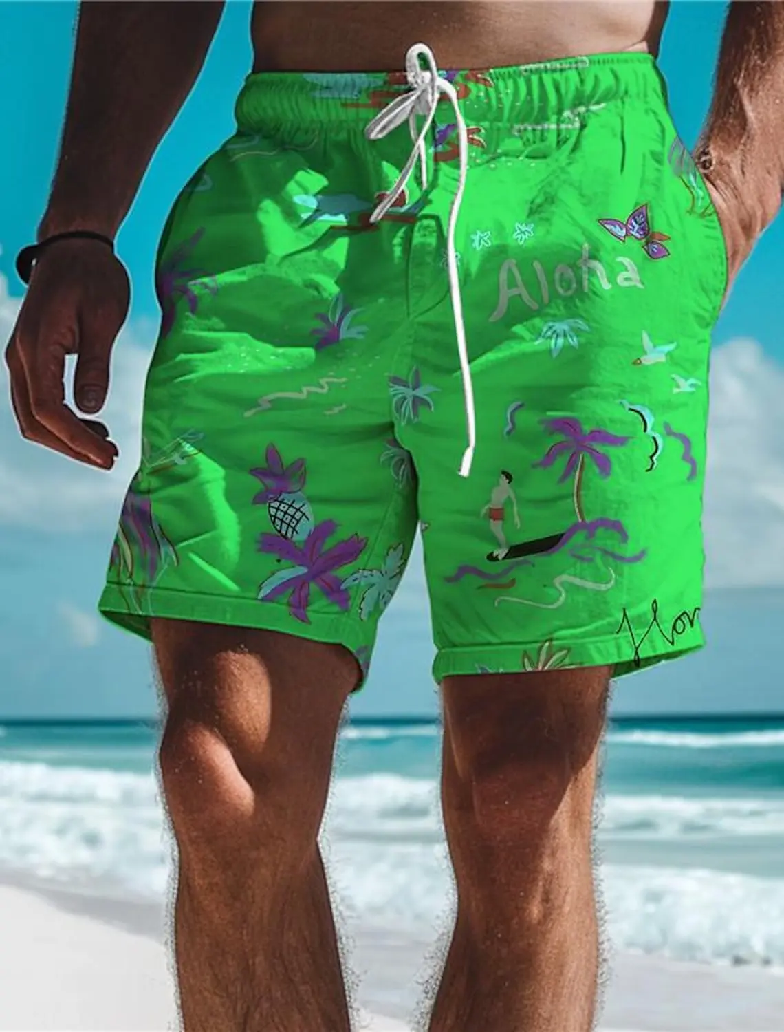 Aloha Palm Tree Men\'s Resort 3D Printed Board Shorts Swim Trunks Elastic Drawstring Stretch Short Hawaiian Style Holiday Beach