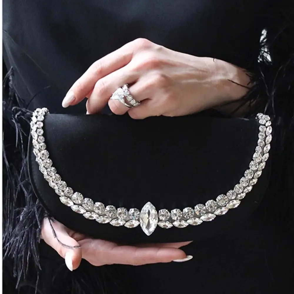 

Luxurious Satin Women's Evening Clutch Chain Strap Stylish Crystal Embellishments Diamond Glamorous Shiny Party Handbag