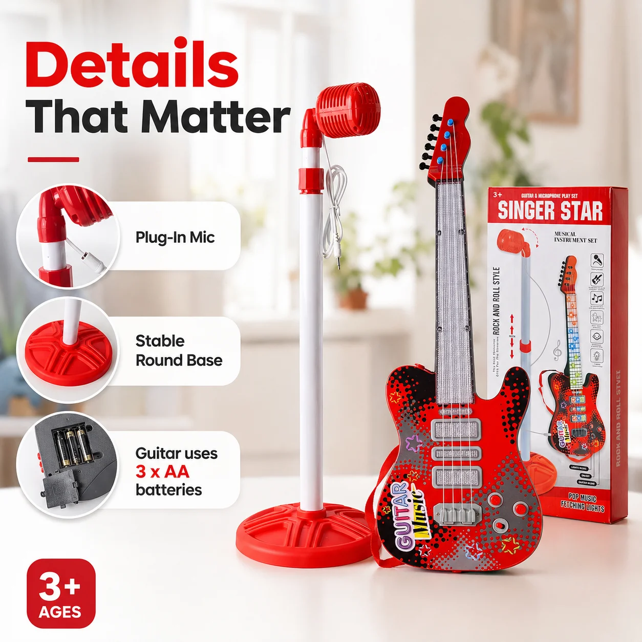 Kids Toy Guitar & Microphone Set, Light‑Up Musical Instrument with Adjustable Stand, Pretend Play Toy, Perfect Birthday Gift for