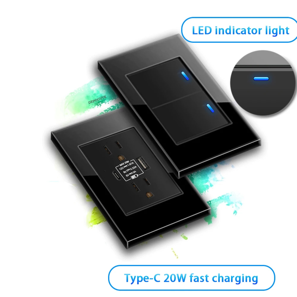 Picture 5: 118 Type Tempered Glass Panel Wall LED Switch US Thai Standard USB Type-C 20W Fast Charging Power Outlet Wall Universal Socket