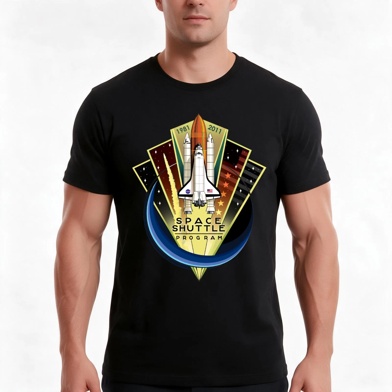 Shuttle Program Commemorative Patch T-Shirt, Summer Casual Cotton Tee, Oversized Streetwear Tops, Vintage Graphic Print