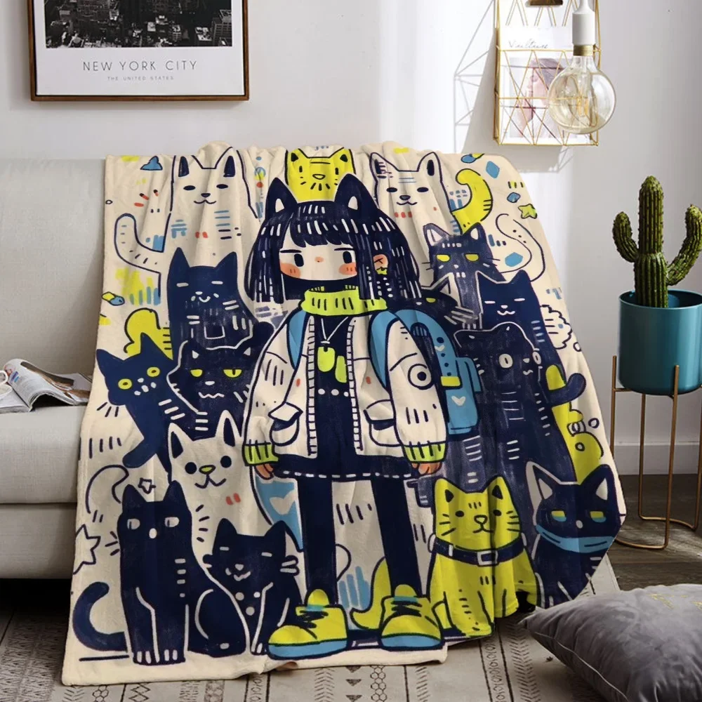 

Cute Girl With Cats Fluffy Soft Blankets & Throws Fur Blanket King Size Bed Throw Knitted Plaid Microfiber Bedding Home Interior