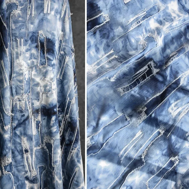 Blue Plant Dyed Tattered Meteorite Jacquard Fabric Hanfu Qipao Shirt Skirt Pants Clothing Designer Fabric