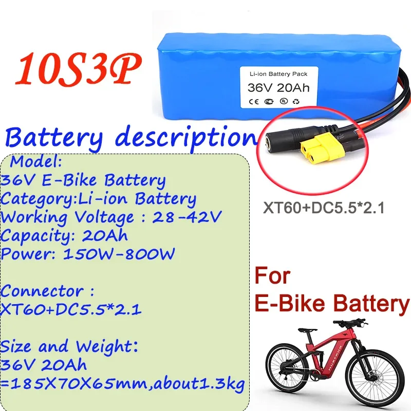 2024 Best Seller 36V Ebike Battery Pack 20Ah XT60+DC5.5*2.1 Connector And BMS Ebike Battery