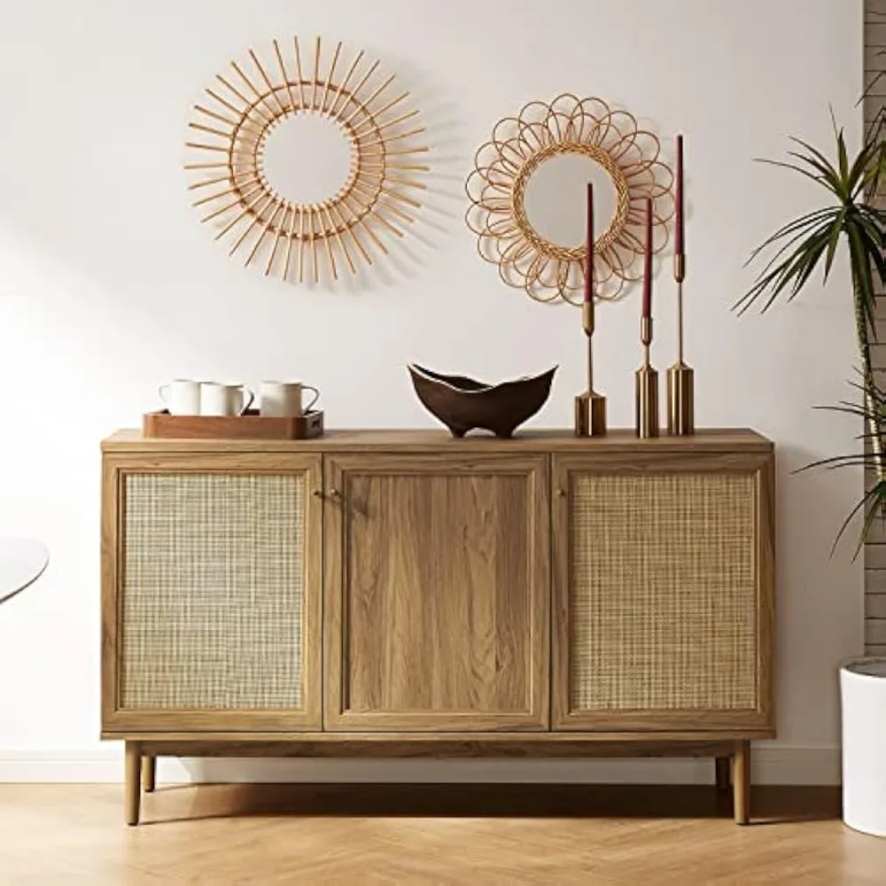 Aparador, armário de armazenamento buffet moderno com detalhes boho, portas de vime natural, mesa de console, credenza, armário de mídia