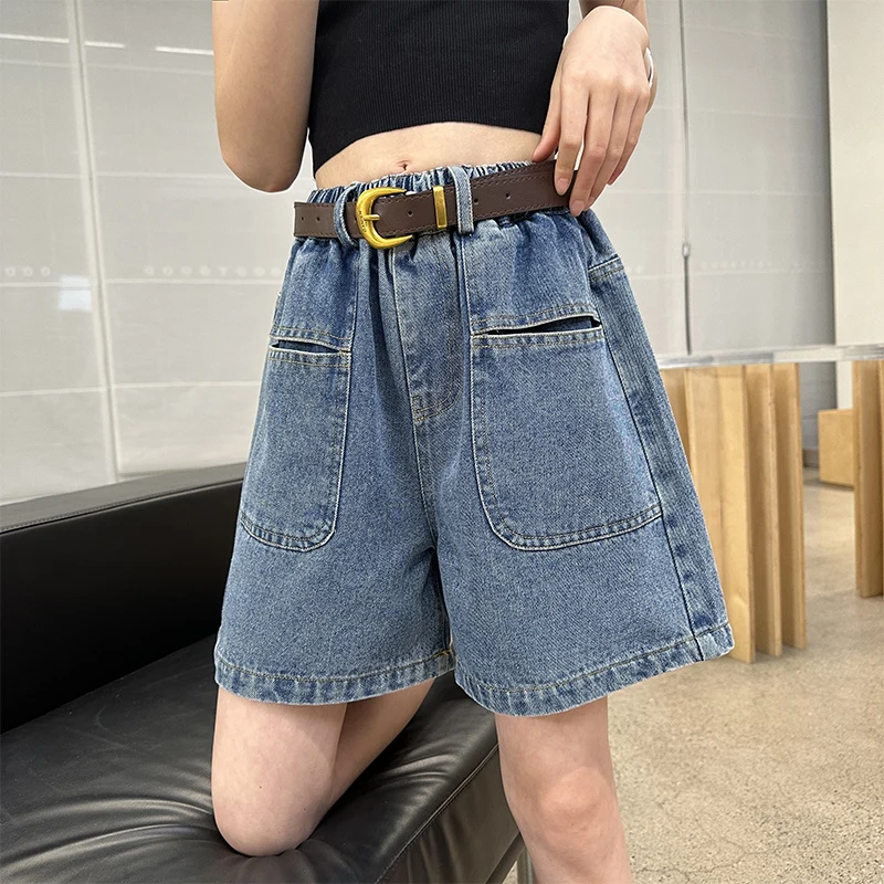 

Kids Children New Summer Loose Denim Shorts with Leather Belt for Teenager Girl Casual Knee Length Pocket Shorts Pants Age 5-14Y