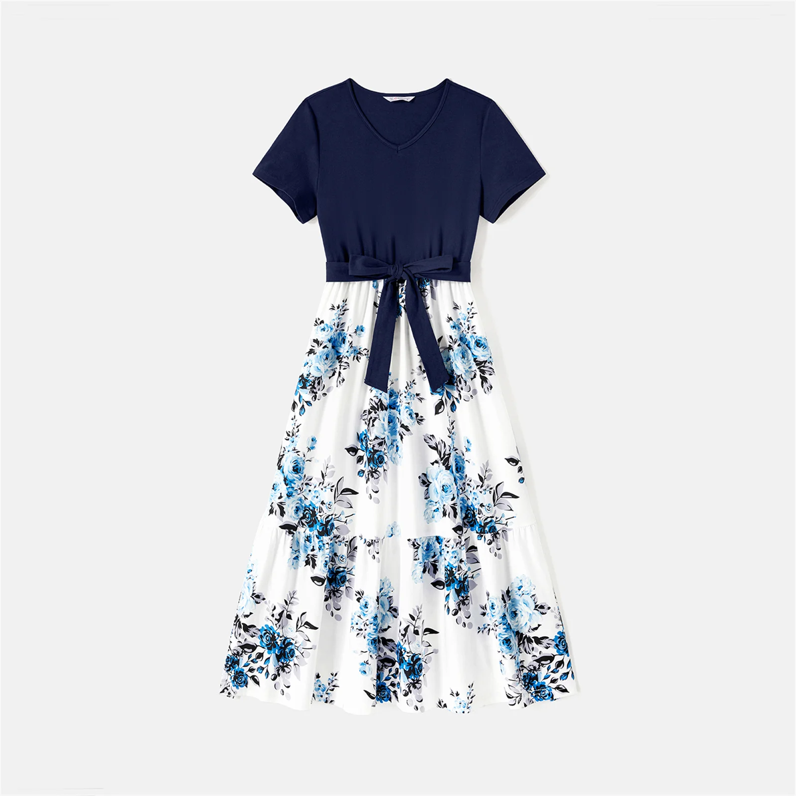 PatPat Family Matching 95% Cotton Dark Blue Short-sleeve T-shirts and Floral Print Spliced Dresses Sets