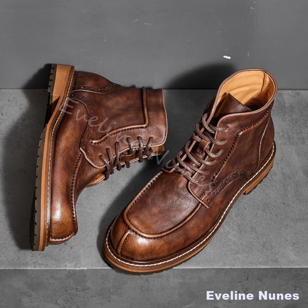 Vintage Hand Brown Leather Work Boots Men Brogue Perforations Round Toe Brogue Perforations Lace Up Retro Workwear Casual Boots
