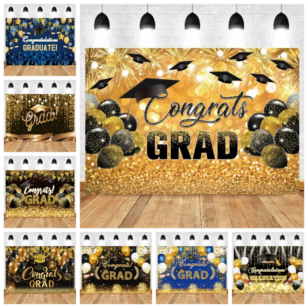

Golden Flash Black Balloon Banner Photography Background Cloth, Congratulations Graduation Ceremony Evening Photography Backdrop