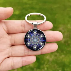 Metatron Cube Pendant Keychain for Men Sri Yantra Flower of Life Geometry Glass Keyring Hexagram Jewelry