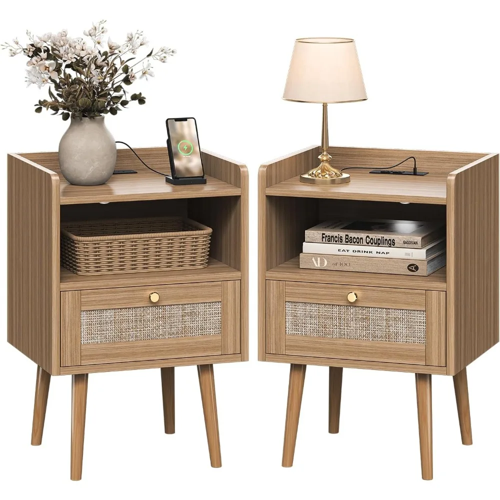

Night stand Set of 2, Bedside Tables with Charging Station, Wood Nightstands with drawers and open storage shelves