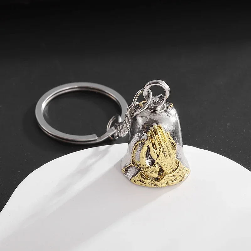 Praying Hand Bell Keychain Men's Motorcycle Riding Rock Lucky Exorcism Amulet Accessory