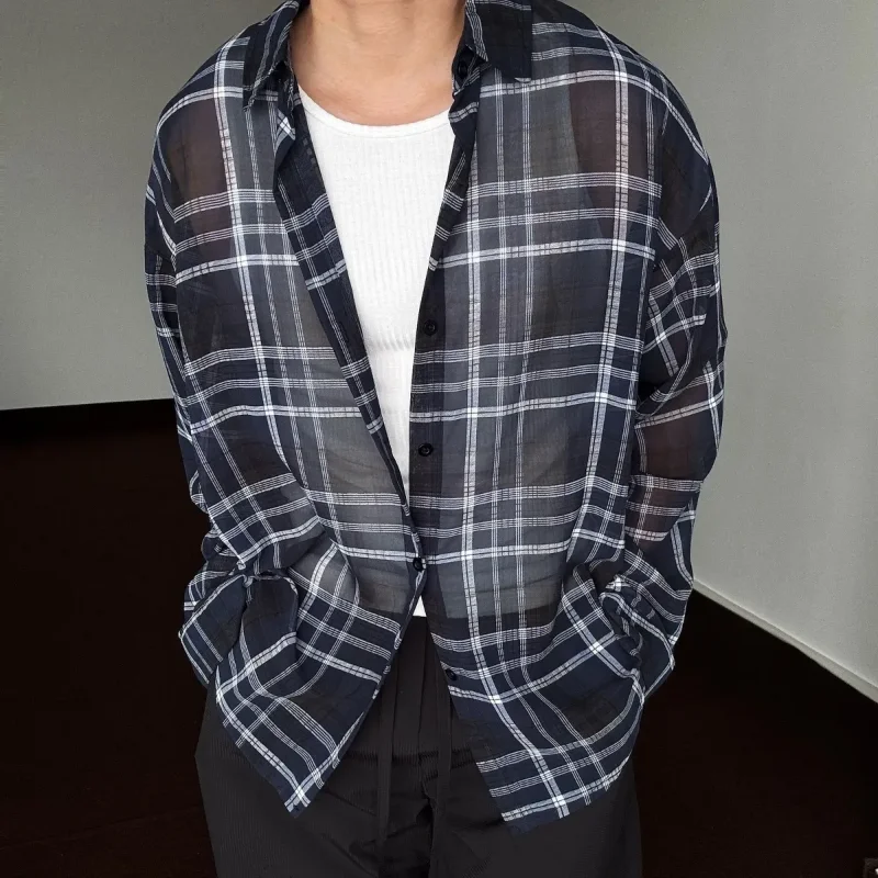 Ultra Thin Breathable Cool Summer Trend Men's Plaid Shirt Hong Kong Style Retro Plaid Casual Loose Shirt Versatile Top