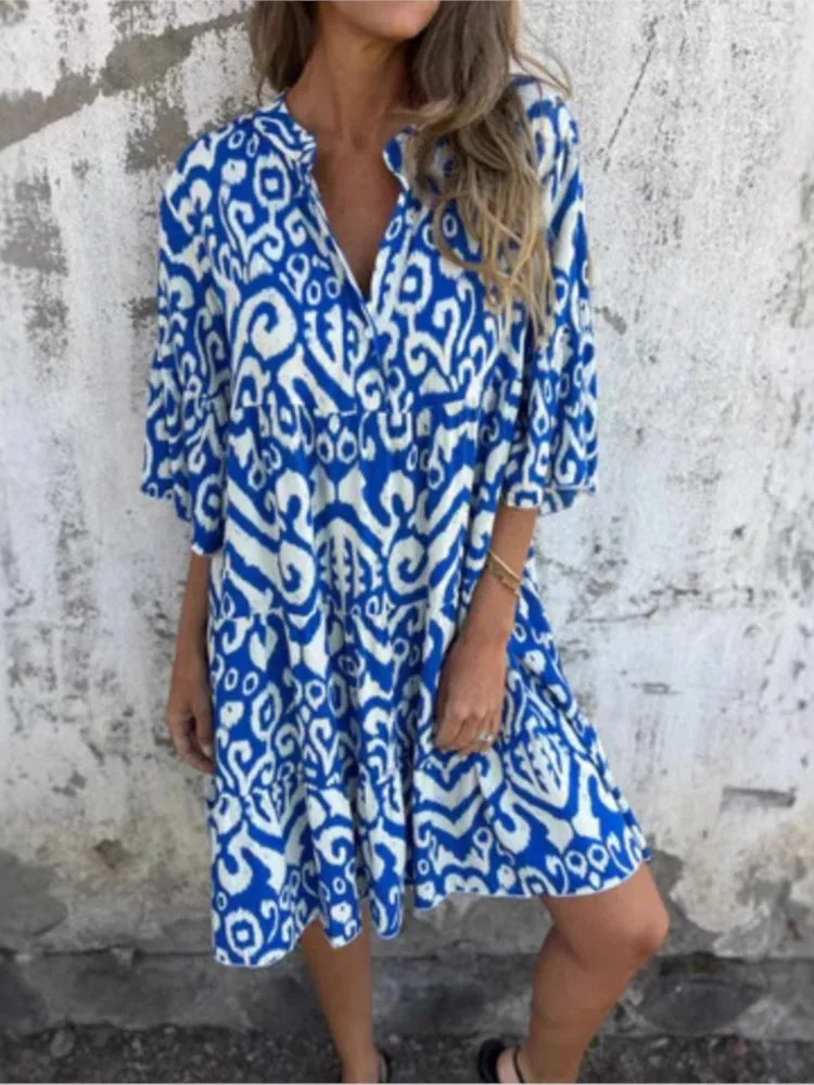 Boho Vacanza Camicia Abiti per le donne Sexy scollo a V Manica svasata Volant Stampa Abito Femme Primavera Casual Beach Abito ampio