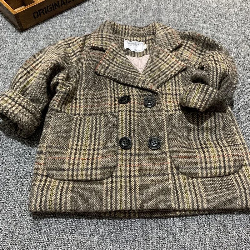 90-160cm Girls' Woolen Coat Autumn/Winter New Style Ren Tianye Fashion Grid Thickened Woolen Coat Boy Overcoat