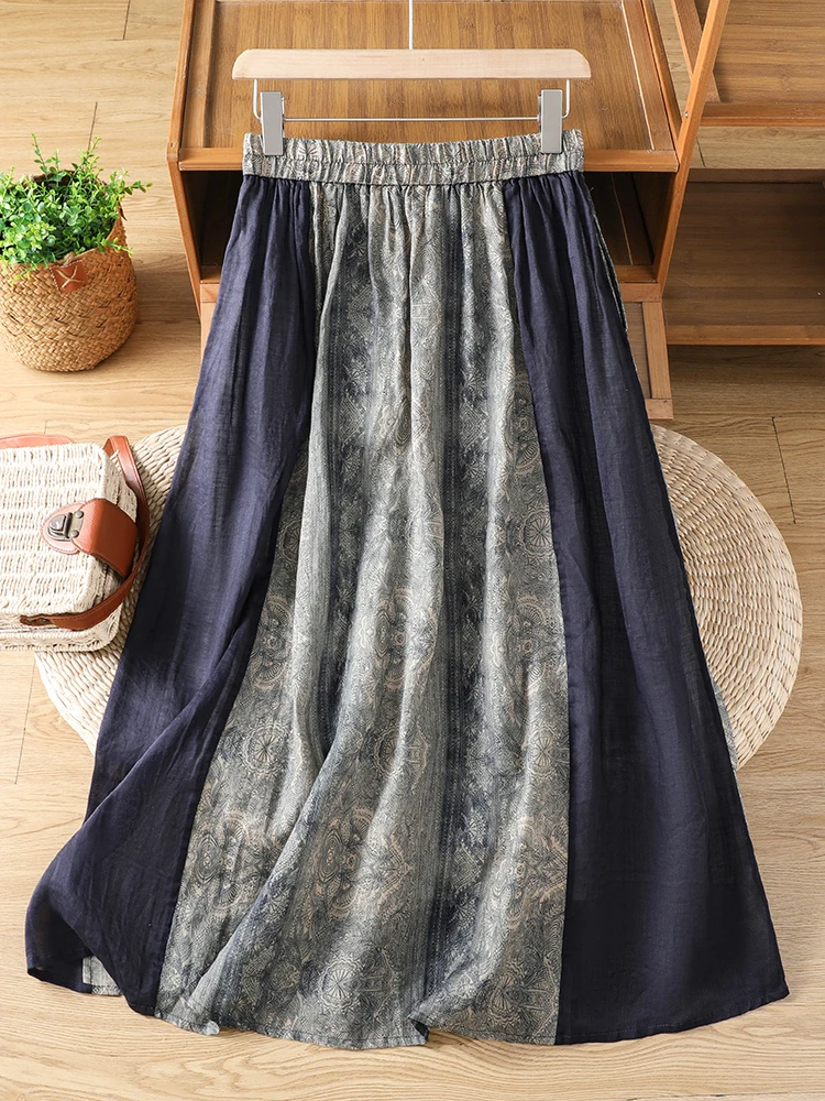 Authentic Summer Cotton Linen Loose Women's Skirt Ethnic Retro Style Midi Skirt Casual A-Line Skirt Polyester Fiber
